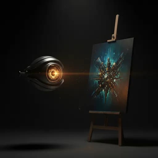 A mechanical eye examining a painting