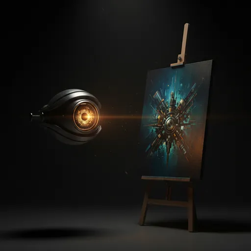 A mechanical eye examining a painting